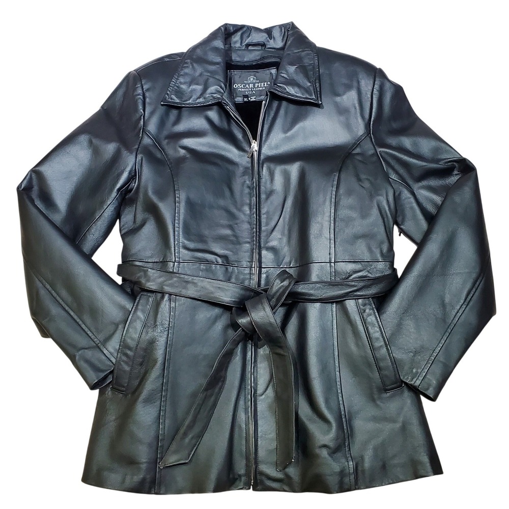 Oscar Piel Perfect Leather USA Black Belted Jacket Women's XL